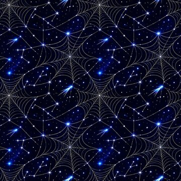Mystical Halloween spider web seamless pattern with glowing night sky stars and constellations background