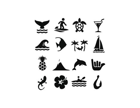 set of black and white sea or summer vactor icons for design