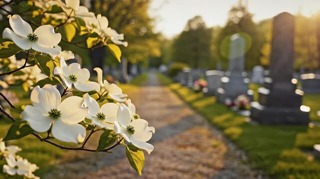 Gentle morning light illuminates a cemetery path with dogwood blooms