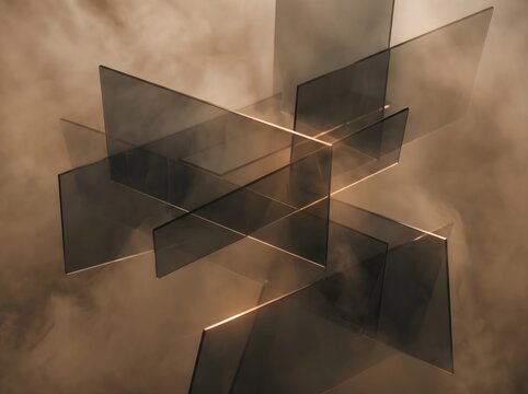 Abstract Translucent Glass Cubes Floating in Atmospheric Smoky Mist