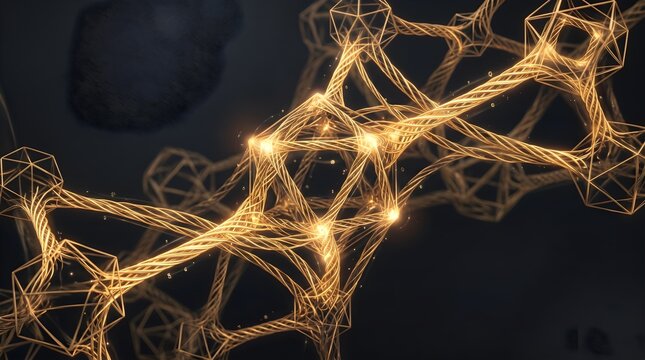 Glowing Golden Neural Network and Data Nodes on Dark Background