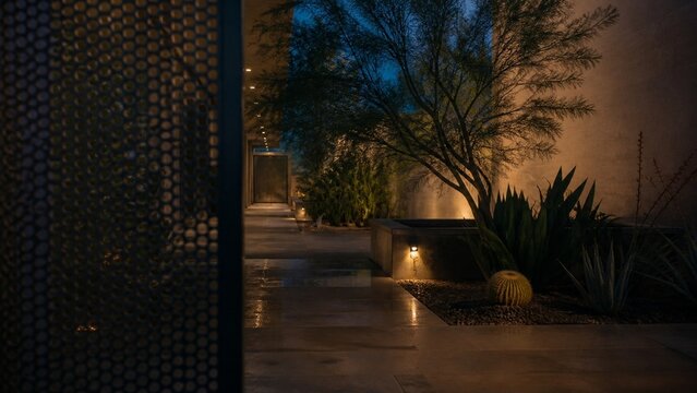 Mysterious outdoor pathway at dusk; soft uplighting illuminates foliage and stone textures; creates a serene and dramatic ambiance for evening strolls