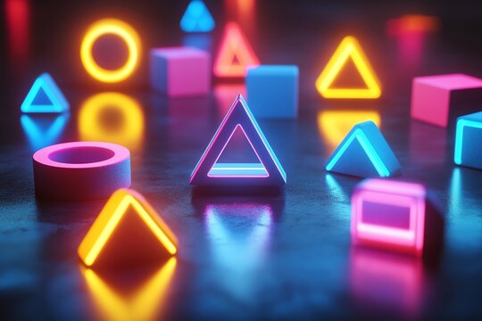 Neon Geometric Shapes in Bright Colors on Dark Surface for Modern Art and Design