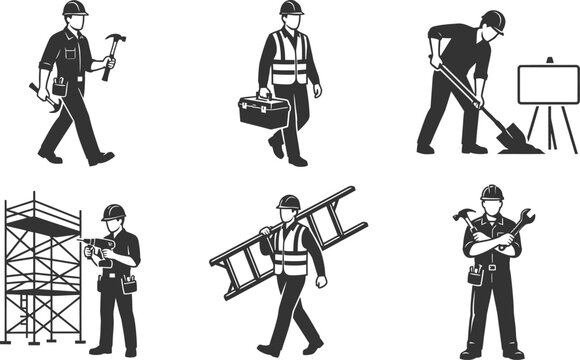 A collection of six black and white vector illustrations depicting diverse construction workers performing various professional tasks using different tools and safety gear