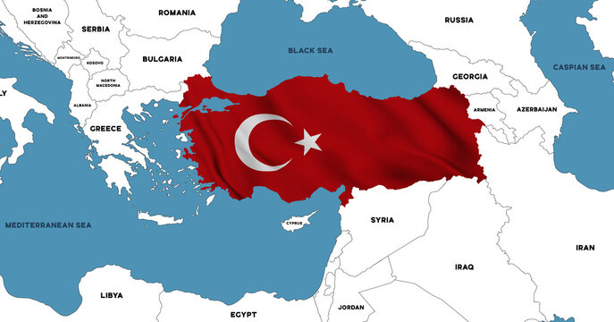 Illustration of a political map of the Eastern Mediterranean and surrounding region, with Turkey highlighted in the colors of the Turkish national flag.