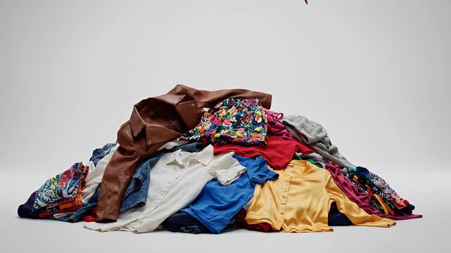 Pile of colorful clothes hangs and tumbles against a white backdrop
