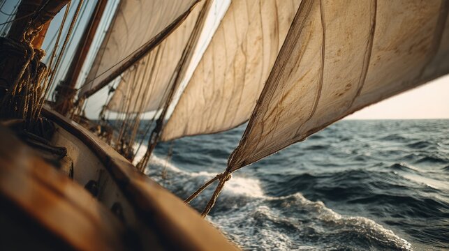 Sailboat Navigating Open Sea Under Wind Power
