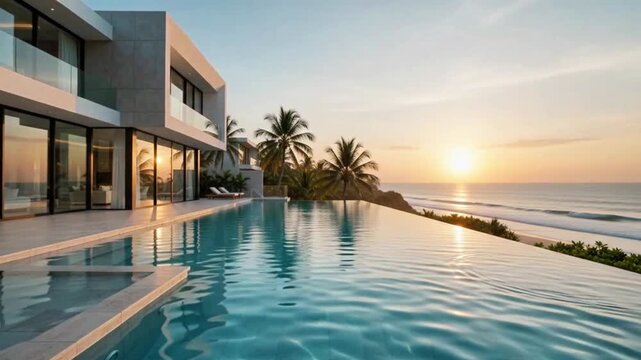 Golden sunset reflecting on luxury villa infinity pool by the ocean