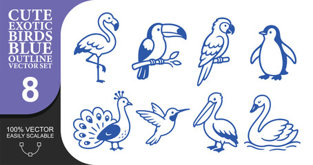 Naklejka premium Collection of eight cute exotic bird blue outlines including flamingo parrot and penguin for kids crafts. Simple hand drawn avian shapes perfect for coloring pages.