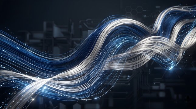 Flowing Silver and Blue Silk Fabric Waves with Glittering Sparkles