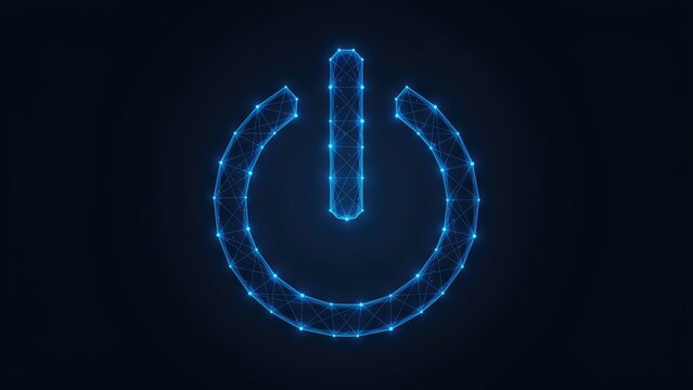 Glowing blue power button symbol with polygonal mesh network