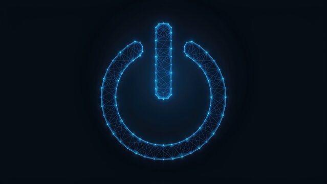 Glowing blue digital power button symbol with polygonal mesh network
