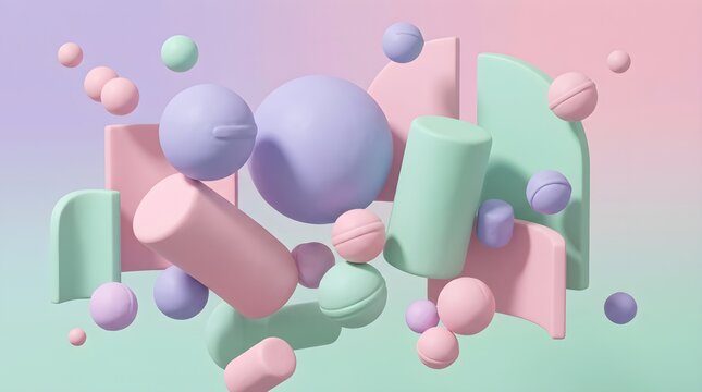 Pastel Geometric Shapes and Floating Spheres 3D Abstract Composition