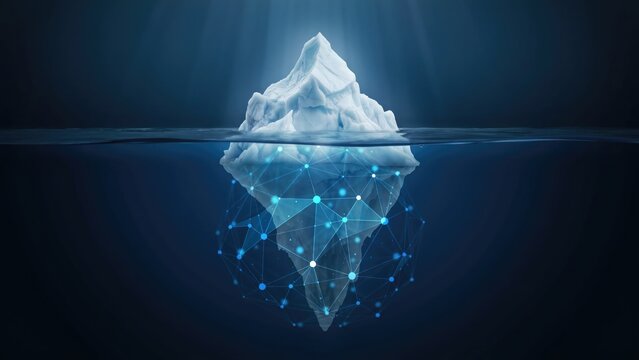 Iceberg with submerged digital network and glowing data nodes