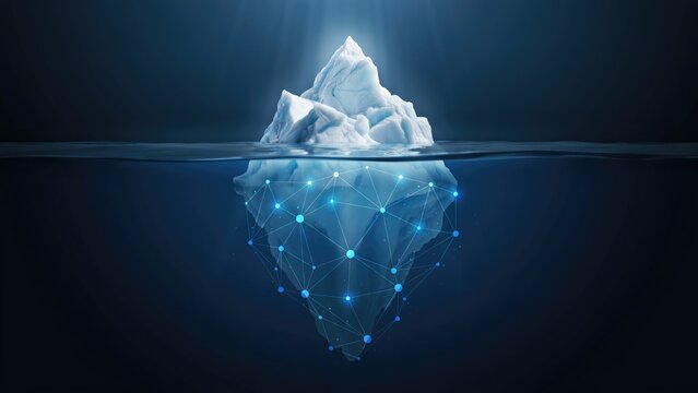 Iceberg with digital network mesh underwater, dark ocean background