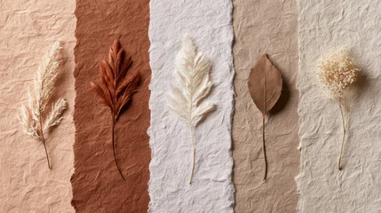Rustic boho earth tone backdrop concept. Four leaf imprints on textured surfaces with earthy and neutral color stripes. © ANGEL4289