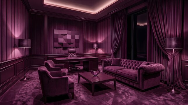 Luxury Dark Purple Executive Office Interior with Velvet Sofa and Desk