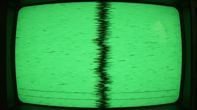 Retro TV screen displays a green, black, and static signal, simulating old broadcasts