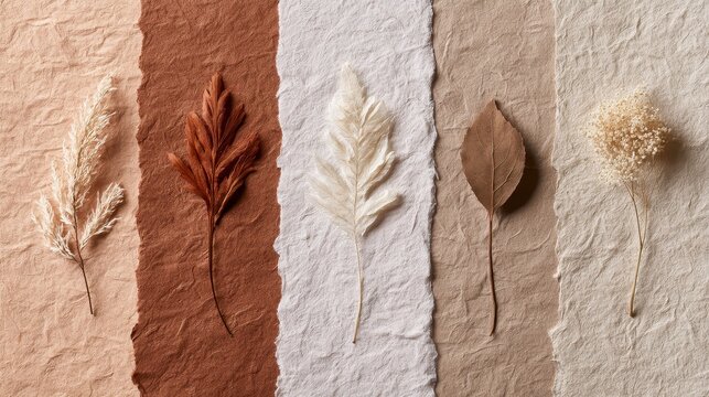 Rustic boho earth tone backdrop concept. Four leaf imprints on textured surfaces with earthy and neutral color stripes.