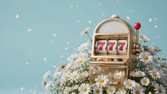 Shiny gold slot machine with triple seven reels surrounded by white daisy flowers