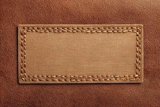 Blank fabric textile label patch with double stitching border on brown leather background. Realistic canvas clothing tag mockup for jeans branding, fashion apparel and accessory design. Copy space