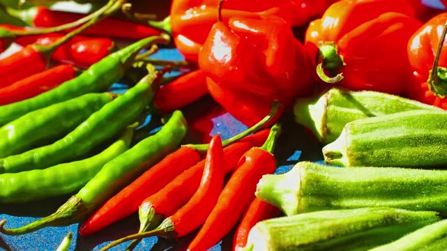 Fresh red and green chili peppers arranged with colorful vegetables, highlighting spicy natural ingredients, 4K Video.