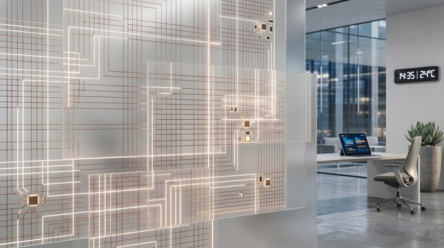 High-Tech Glass Wall with Glowing Electronic Circuitry and Office View