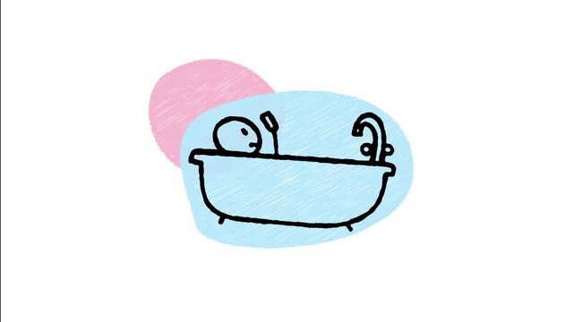 An animated hand-drawn person soaking peacefully in a bubble bath while scrolling on a phone. Perfect for self care routines, evening relaxation, stress relief, and post-work recovery. 