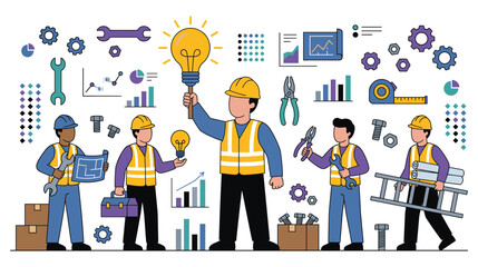 Fototapeta premium Professional team planning industrial project ideas with blueprints and engineering tools.