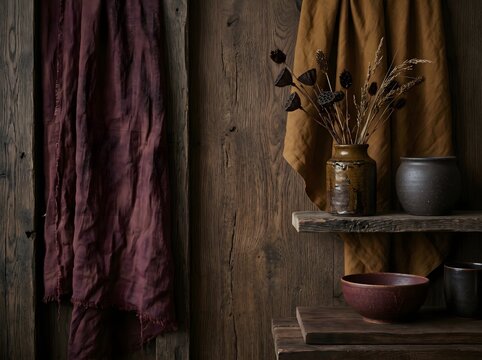 Rustic Wooden Interior Wall with Hanging Linen and Ceramic Pottery