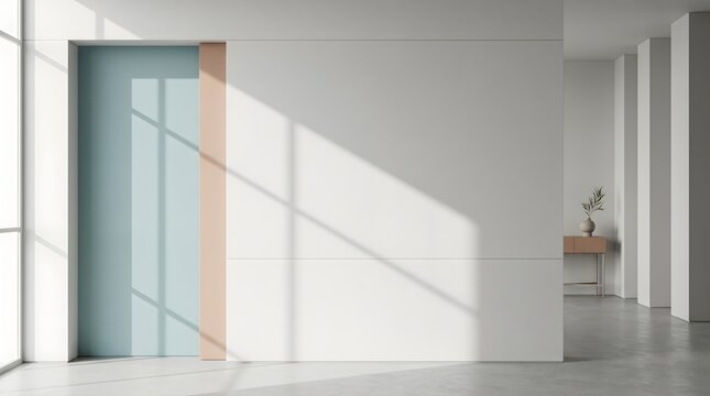 Minimalist White Hallway Interior with Sliding Pastel Door and Sunlight