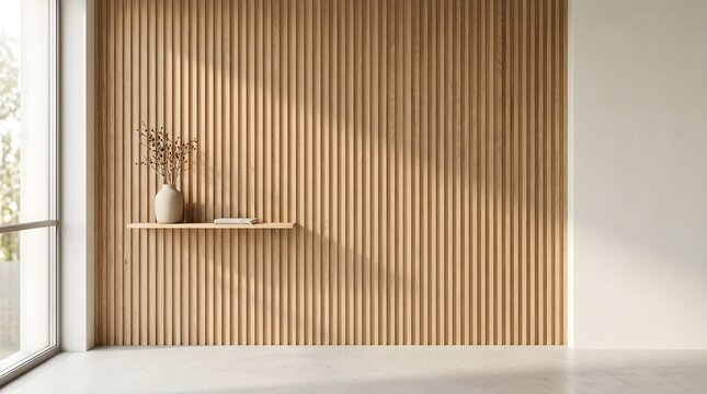 Modern Minimalist Wooden Wall Panelling with Floating Shelf and Vase