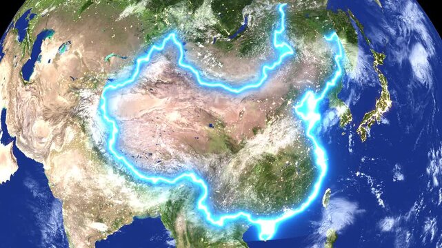 China Map Highlighted on 3D World Globe with China National Flag. Futuristic China Map Location Tracker with Neon Outline and Flag. Map Outline with Neon Glow.