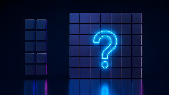 Glowing neon blue question mark embedded in a dark structural cube grid representing complex data problem solving and business strategy mystery