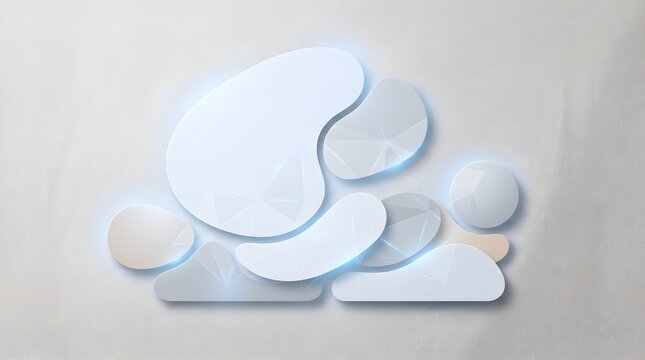 Glossy White Abstract Glass Shapes and Soft Light Shadows on Grey