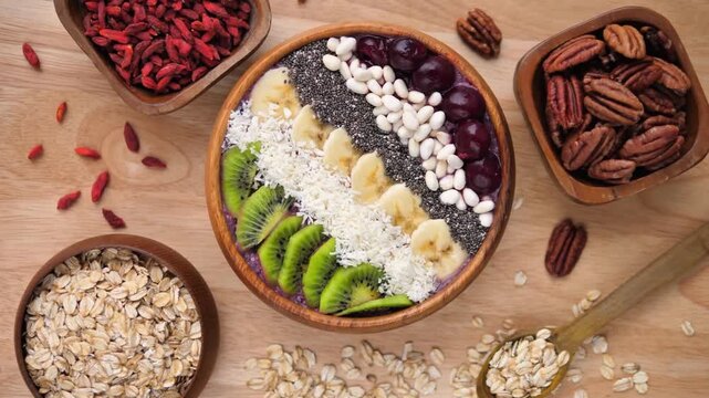 Healthy Chia Pudding Bowl with Blueberries, Kiwi, Banana and Coconut, 4K Video