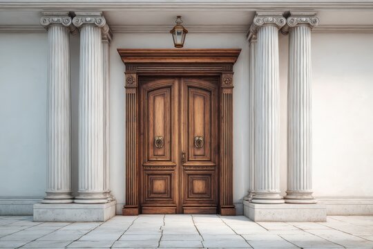 Elegant entrance to a luxury stone palace or mansion featuring grand double wooden doors, marble stairs, and ancient columns. Classical architecture or historic estate facade concept. Copy space
