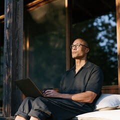 Naklejka premium Man sitting on a wooden porch with laptop and coffee cup for remote work lifestyle banner and calm productivity background