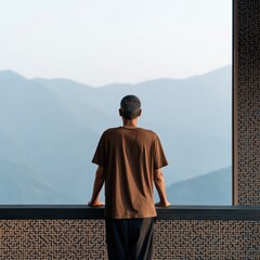 Naklejka premium Elderly man at patterned railing overlooking layered mountain landscape for mindfulness background and travel wallpaper
