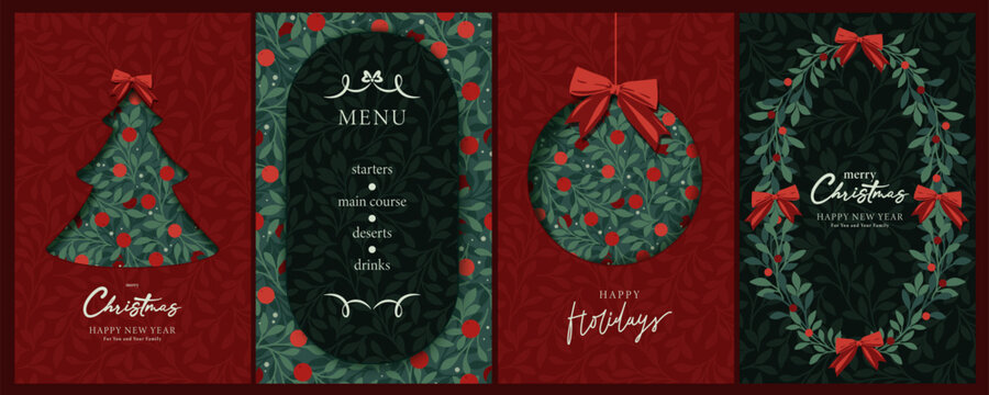 Merry Christmas greeting card template in retro vintage, cottage core style. Tree, bauble, lettering vector winter botanical background. New Year, holiday greetings. Green leaves, wreath, berries.