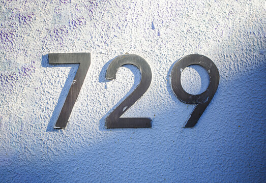 House number 729 sign in metal digits mounted on a textured painted wall, displaying seven two nine numerals with weathered brushed metallic finish