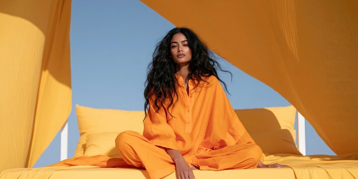 Woman in orange loungewear seated on bed outdoors under yellow drapery meditating for wellness and fashion lifestyle background and poster design