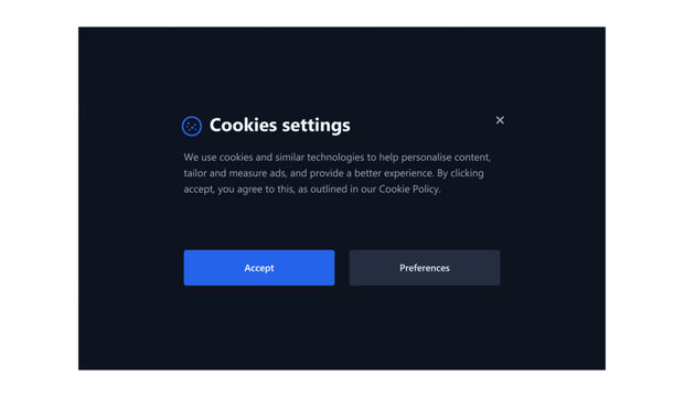 Cookie consent settings popup modal window UI template, dark mode