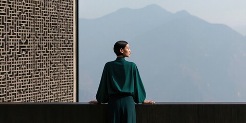Naklejka premium Woman in emerald blouse overlooking misty mountain valley from an architectural balcony for editorial background and wallpaper design