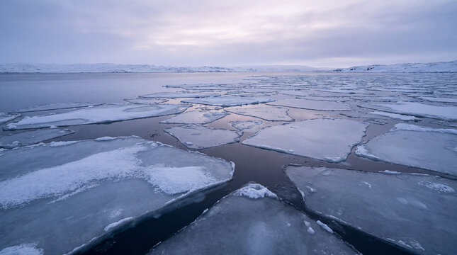 Frozen ocean with ice floes and snow covered landscape under a cloudy sky, showing a cold winter environment