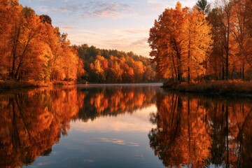 Obraz premium Colorful Fall Foliage Mirrored in River Surface
