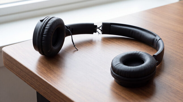 Broken black headphones on wooden table representing damage, waste, and inability to listen