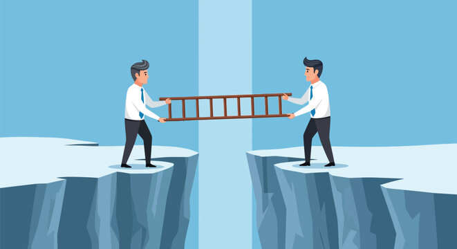 Collaborative teamwork concept with two business professionals bridging gap between cliffs using wooden ladder helping each other cross difficult obstacles.