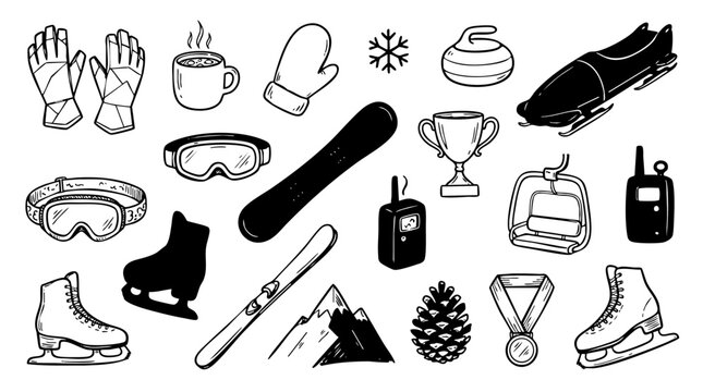 Black and white winter sports equipment and clothing set vector illustration.