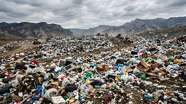 Heavy machinery processing waste at a large open landfill site